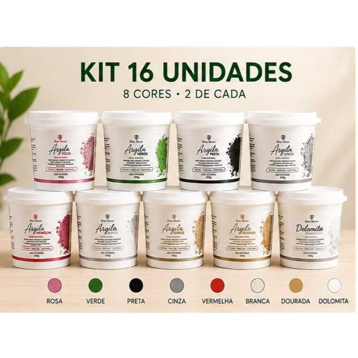 Kit 16 Argilas Naturais 100% Natural Blue Moon – 8 Cores, 2 Unidades de Cada – Para Rosto, Cabelo e Corpo