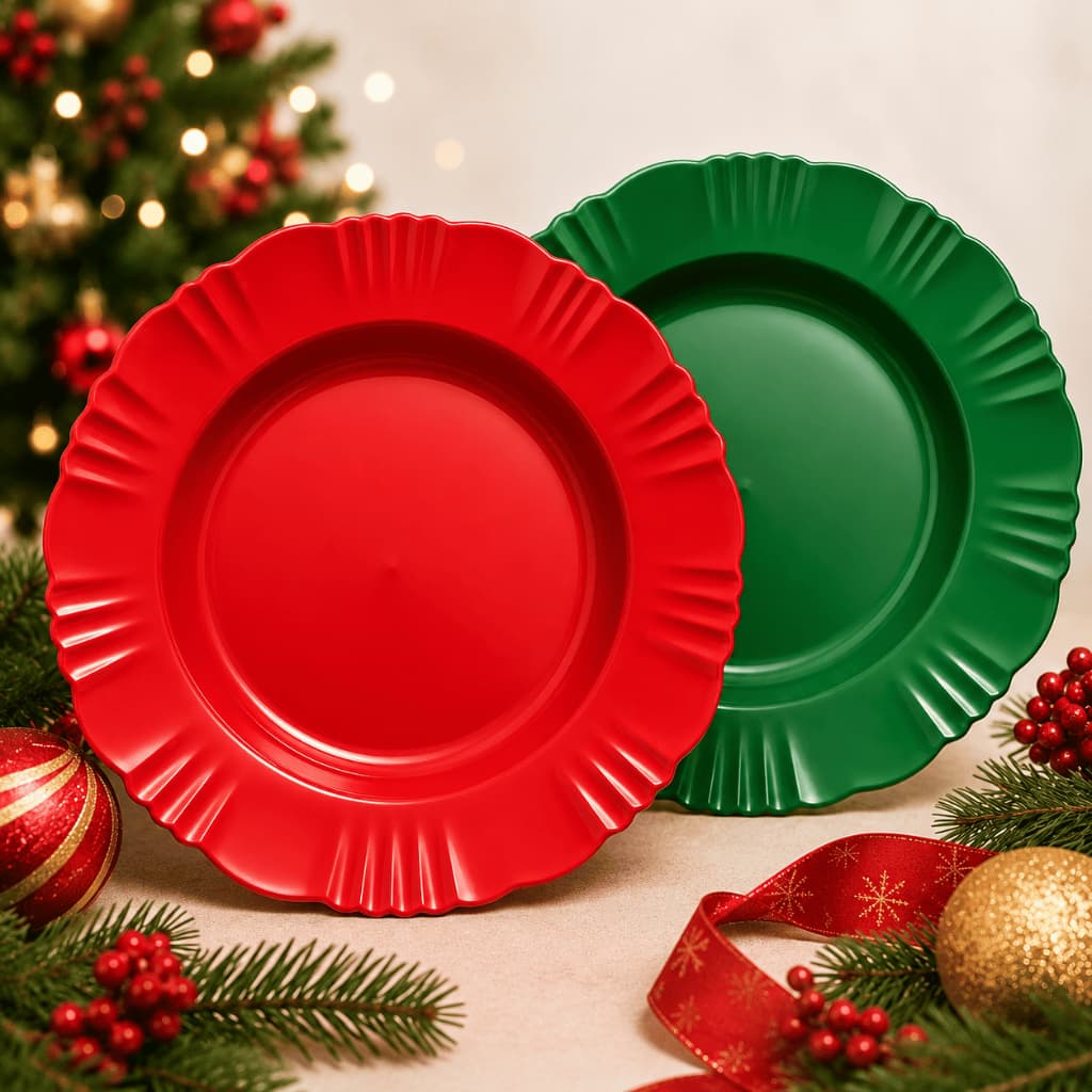 KIT c/50 ou - PRATOS FUNDO PÉTALA DE PLASTICO VERDE E VERMELHO  PARA NATAL, CHURRASCO, ANIVERSÁRIOS