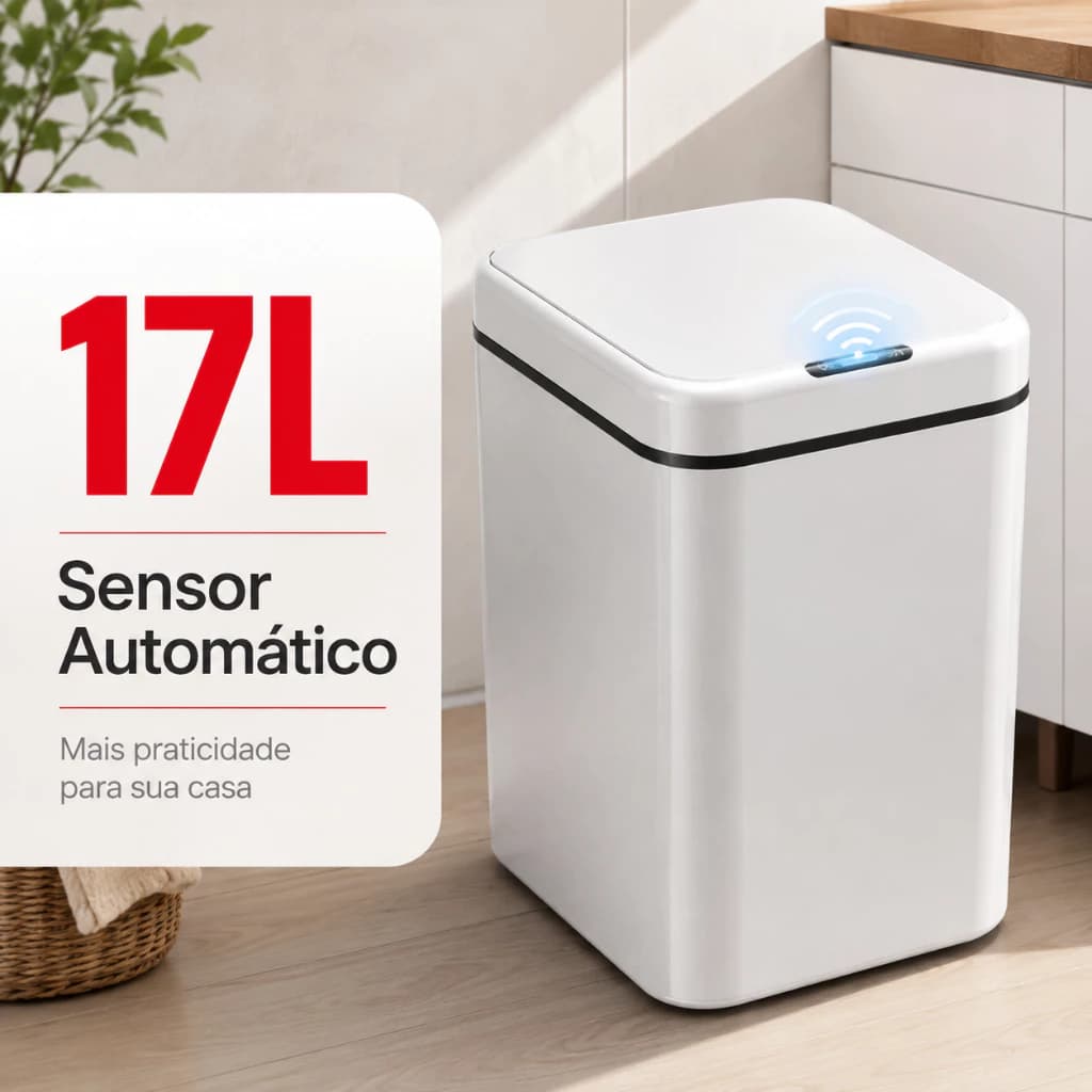 Lixeira Automática com Sensor 14L/17L/21L, Inteligente Sem Toque, Recarregável USB Tipo-C para Cozinha e Banheiro