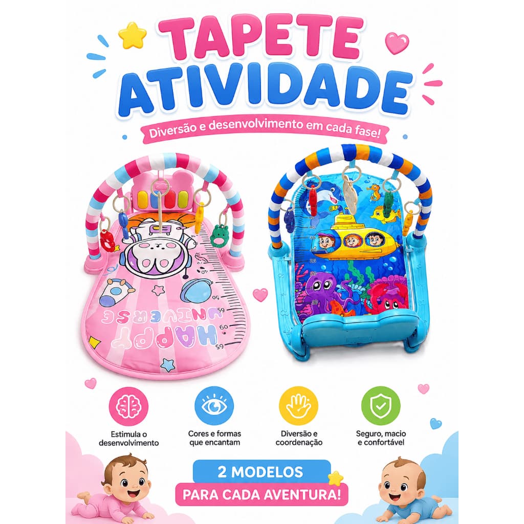 Tapete de Atividades para Bebê Musical com Piano Arco Brinquedos Pendentes Infantil Rosa ou Azul