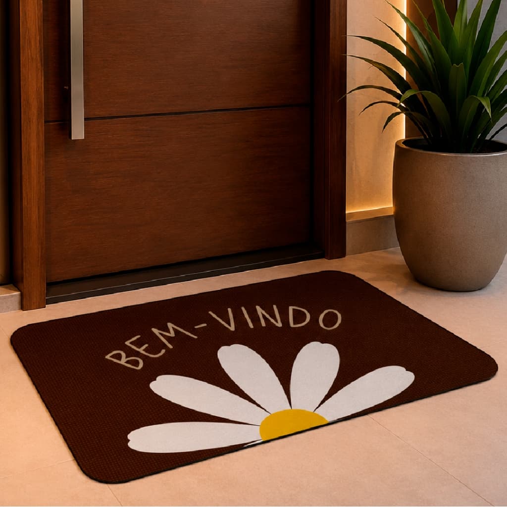 Tapete de Porta Entrada Decorativo 60X34 cm Margarida Emborrachado Antiderrapante.