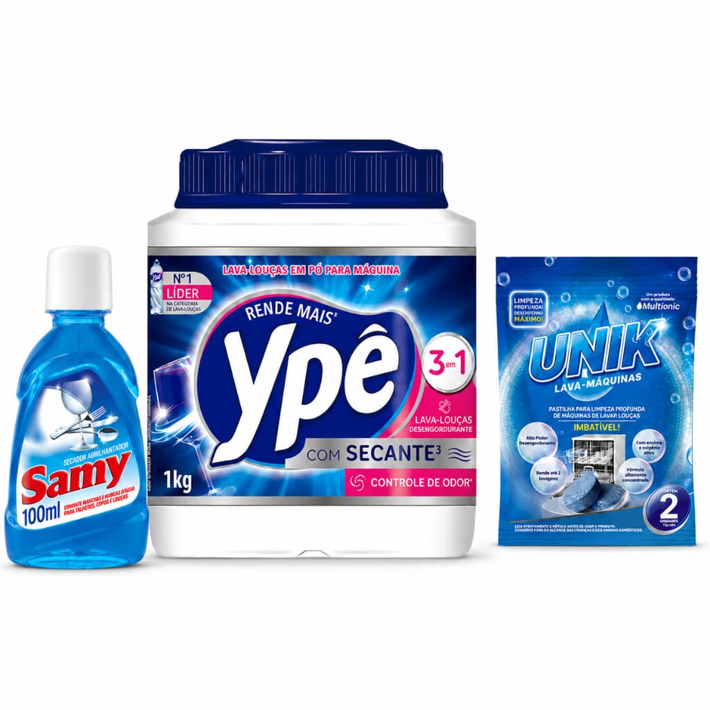 Kit Lava-Louças em pó Ypê 1kg + Secante Samy 100ml + Limpa Máquina Unik 2un