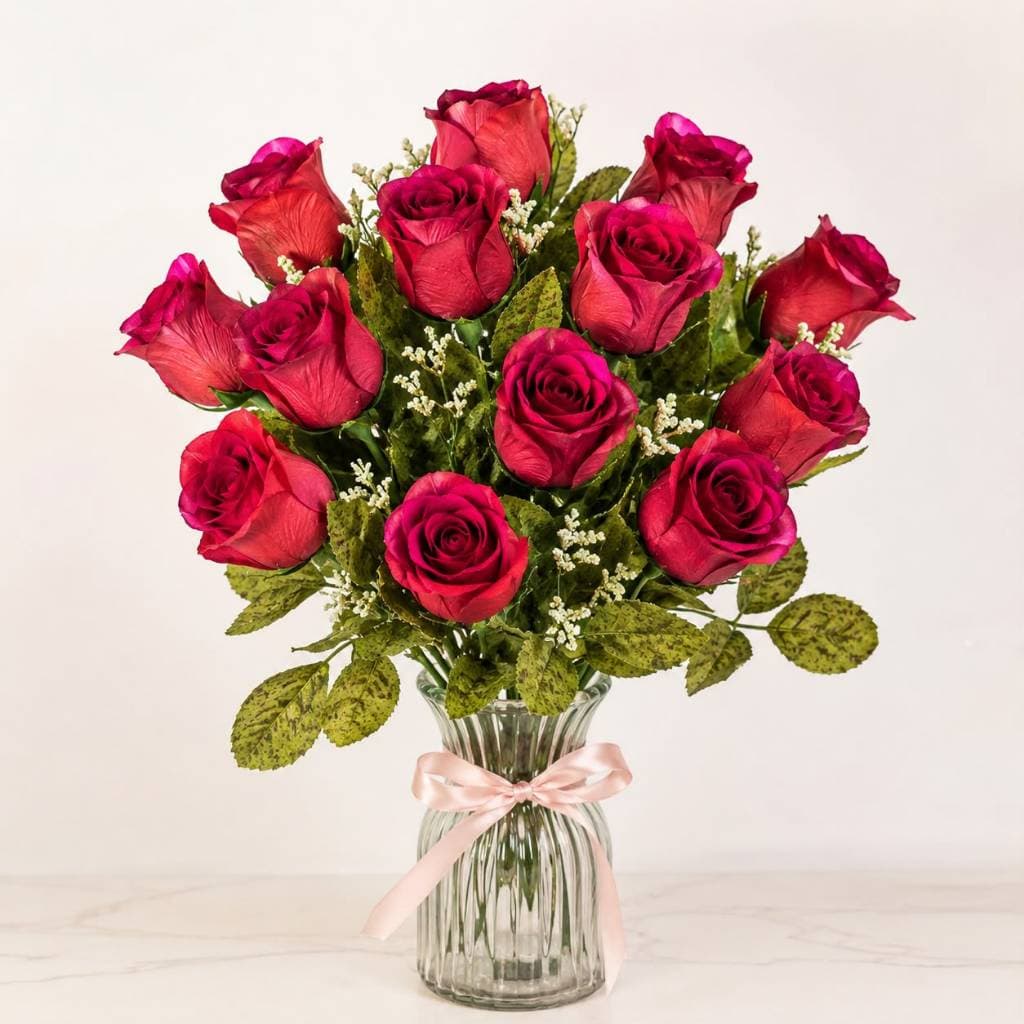 Buquê com 12 Botões rosas Artificiais com folhagem decoração festas