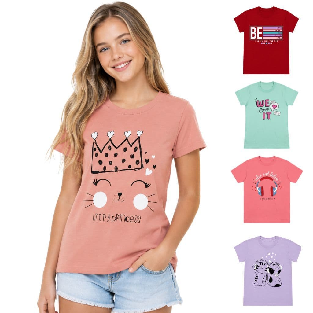Kit 5 Camisetas Meninas Juvenil Manga Curta Blusa Infantil Algodão Casual Confortavel Sortidas