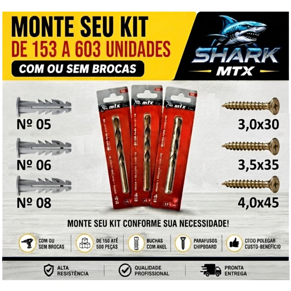 Parafuso com bucha com ou sem broca Kit 150 á 603  05mm, 06mm, 08mm Para Fixação em Parede Concreto