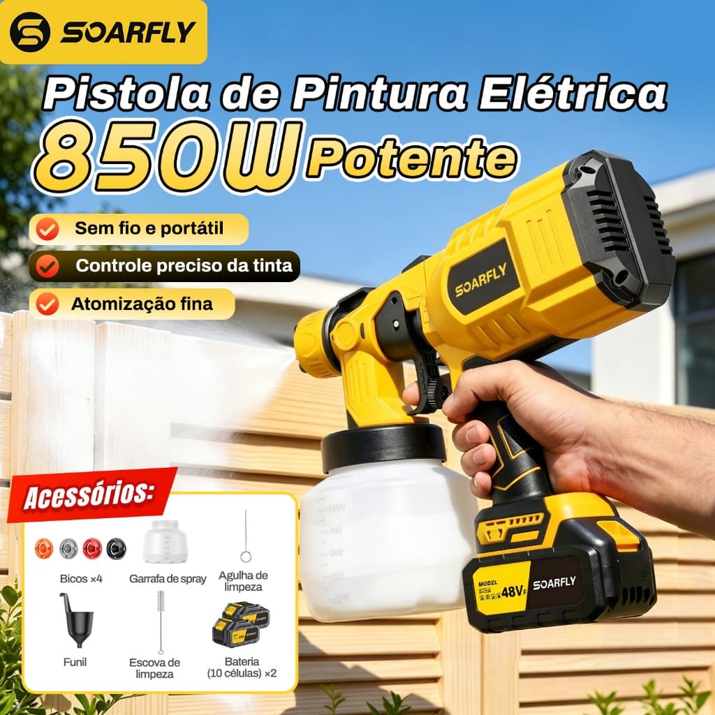 SOARFLY Pistola de Pintura Pulverizadora Sem Fio, 2 Baterias Recarregáveis, Potência Alta