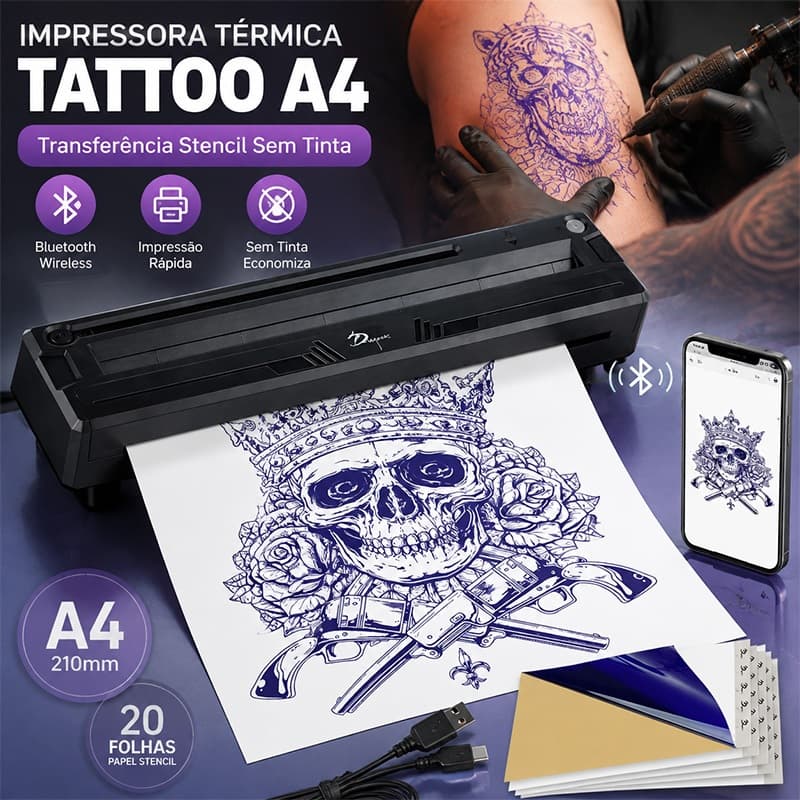 Impressora Térmica Tattoo A4 Bluetooth Portátil Stencil Transferência Para Tatuagem +20 Folhas Papel