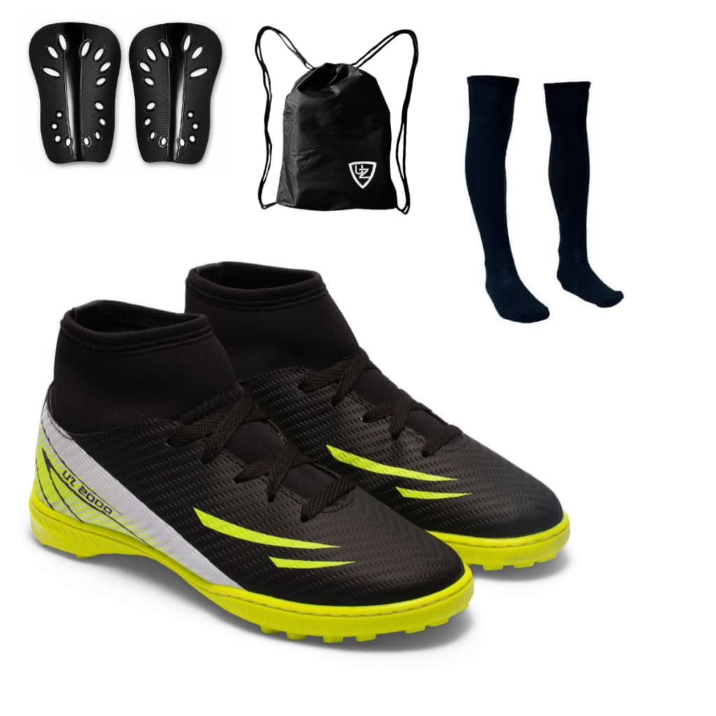 Chuteira Futebol Society Uz2000 Botinha Cano Alto + Meião + Caneleira + Mochila