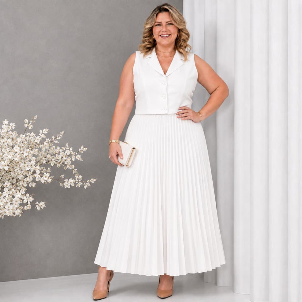 Conjunto Feminino Plus Size Colete Alfaiataria e Saia Plissada Longa G1 G2 G3