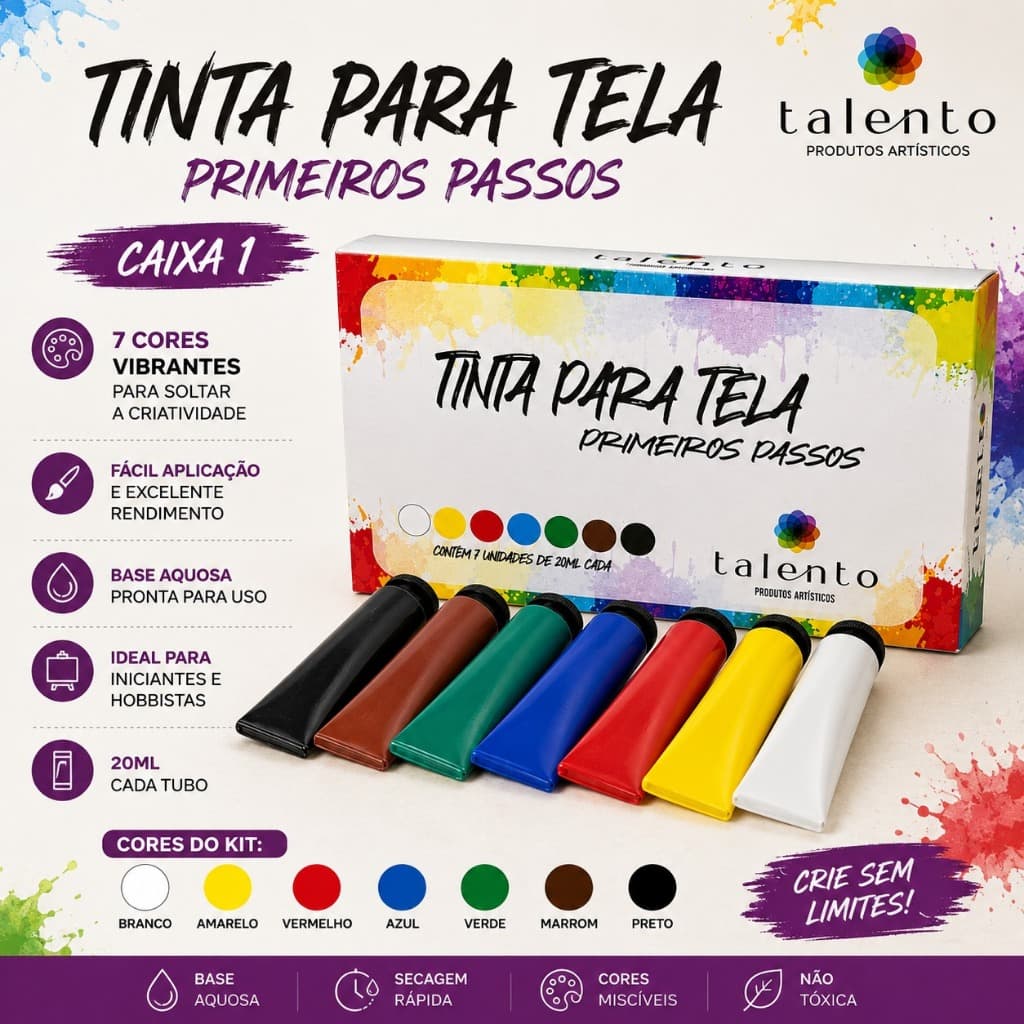 Kit Tinta para Tela Talento Primeiros Passos Caixa 1 – 7 Cores 20ml