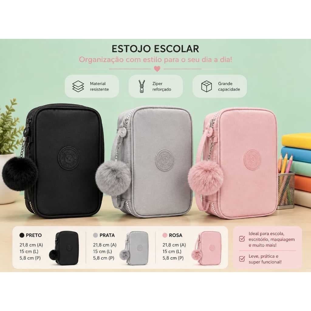 Estojo Grande Box Organizador Escolar Divisoras Lápis Caneta Papelaria Fofa Camadas