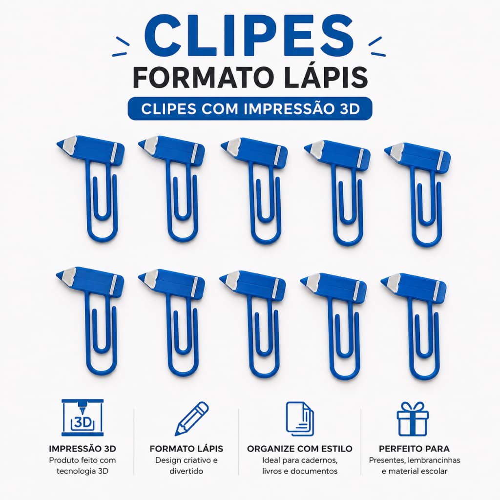 Clipes Marca Página Formato Lápis – Impressão 3D – 10, 20 ou 50 Unidades – Material Escolar