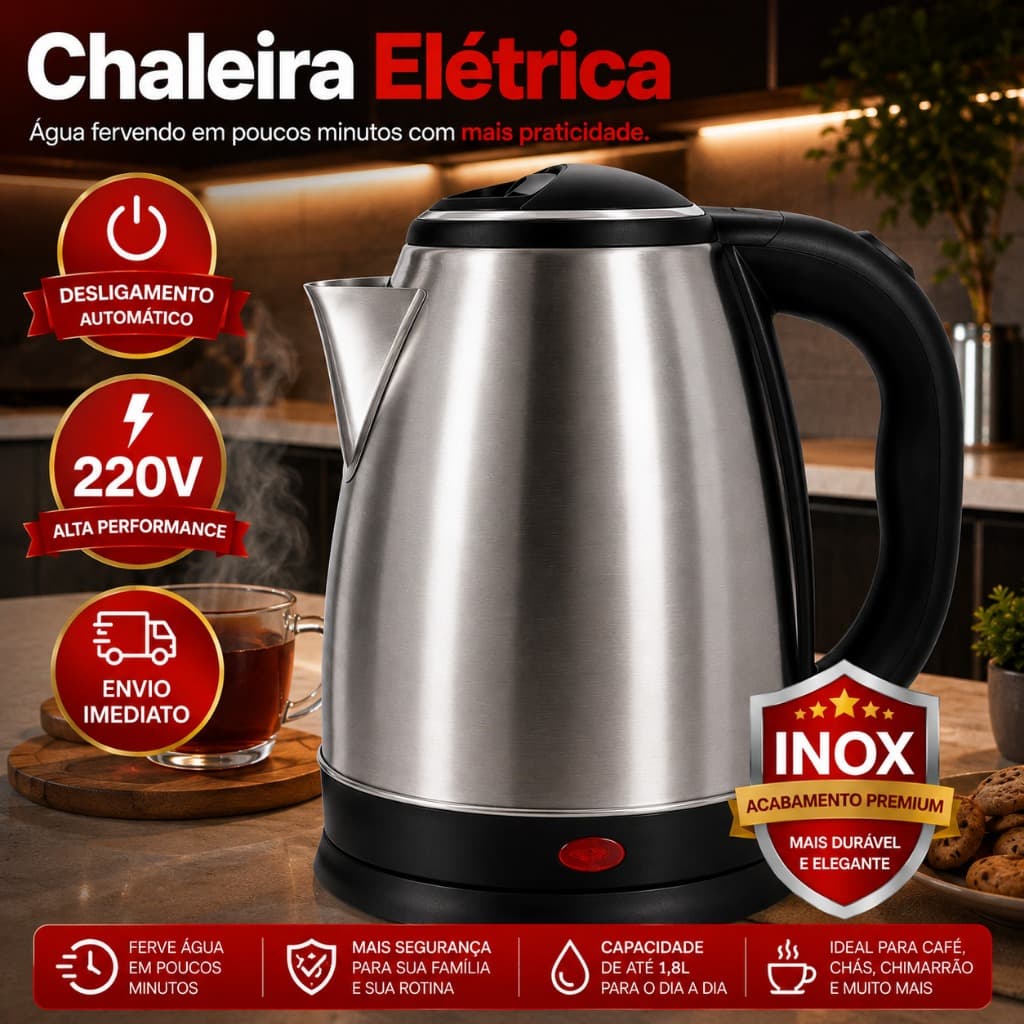 🔥 Chaleira Elétrica Inox 1.8L 1500W Rápida 220V Promoção