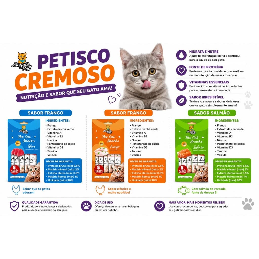 Petisco Cremoso para Gatos | Petisco de Gato modelo Churu | Petisco de Gato Atum | Frango | Salmão