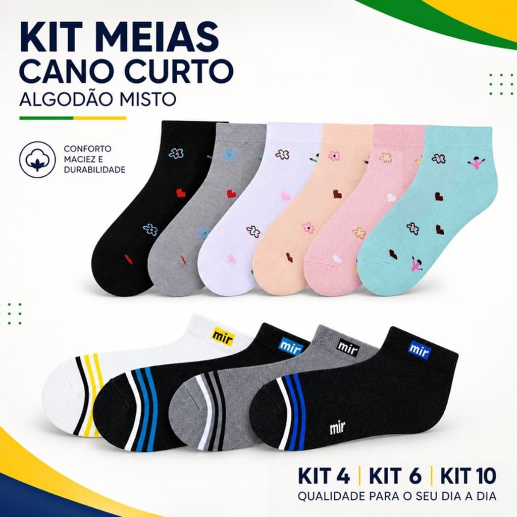 Kit Meias Cano Curto Algodão Misto 4/6/10 Pares, Masculino Listrado Feminino Estampado, Confortáveis Diário