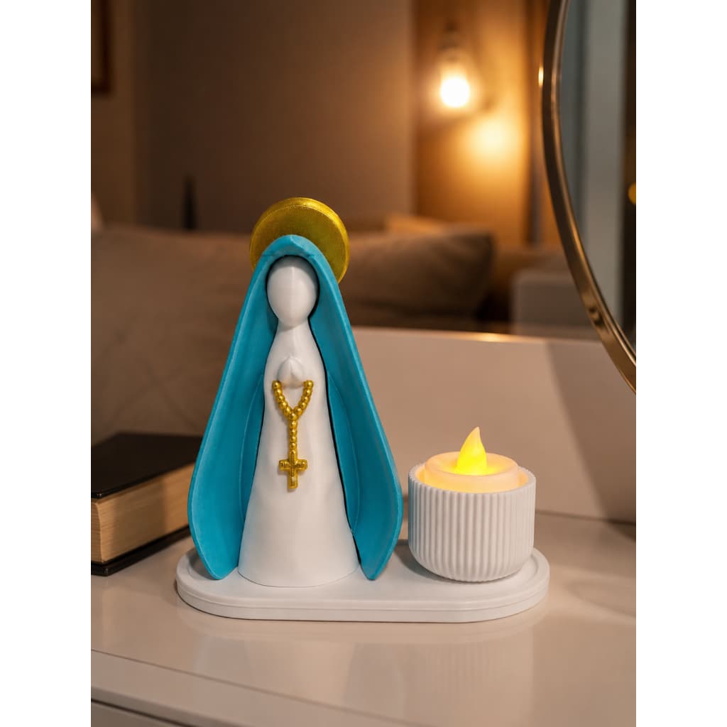 Imagem Nossa Senhora Decorativa Vela LED Rosário Terço Base Enfeite Religioso Fé Oração Decoração Casa Quarto fe