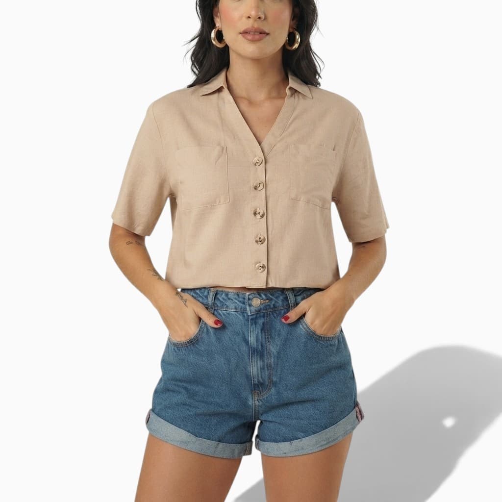 Short Jeans Feminino Cintura Alta Com Barra Dobrada Casual Moda Verão
