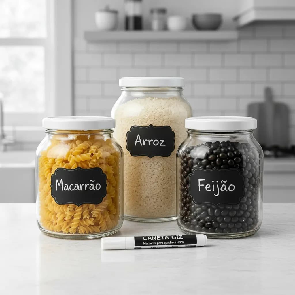 Kit Potes Vidro Cozinha 2 Potes 2L com Tampa Metal Rosca 1 Pote 3L + Etiquetas Lousa e Caneta Giz
