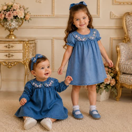 Vestido Curto ou Comprido Bebê Jeans 100% Algodão com Gola Bordada Floral e Pérolas Luxo  Delicado Menina Brokinha