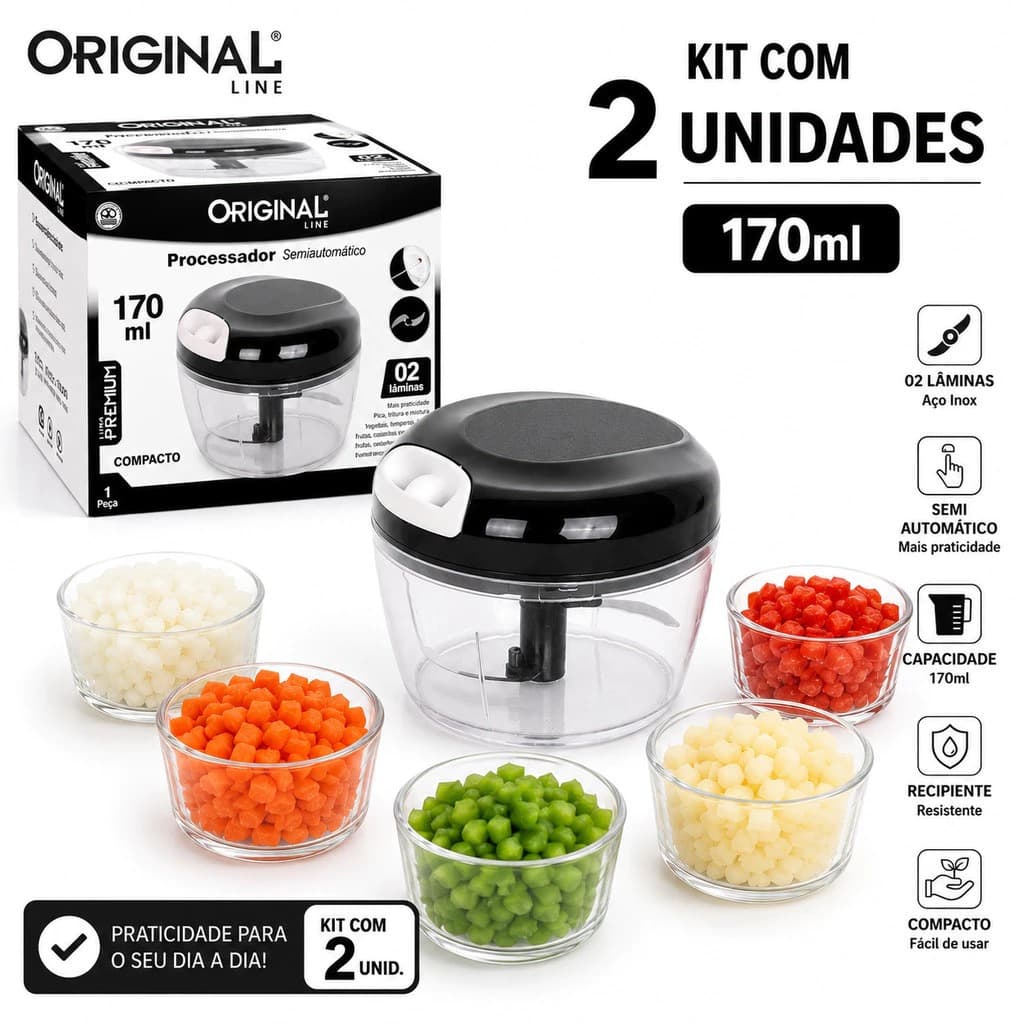 Mini Processador de Alimentos com 2 Lâminas em Aço Inox- 170ml