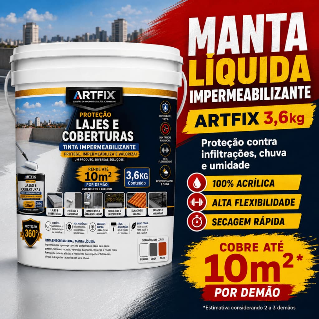 Impermeabilizante Para Laje e Telhado Artfix 3,6Kg Até 10m² 2 a 3 Demãos Resistência às Intempéries