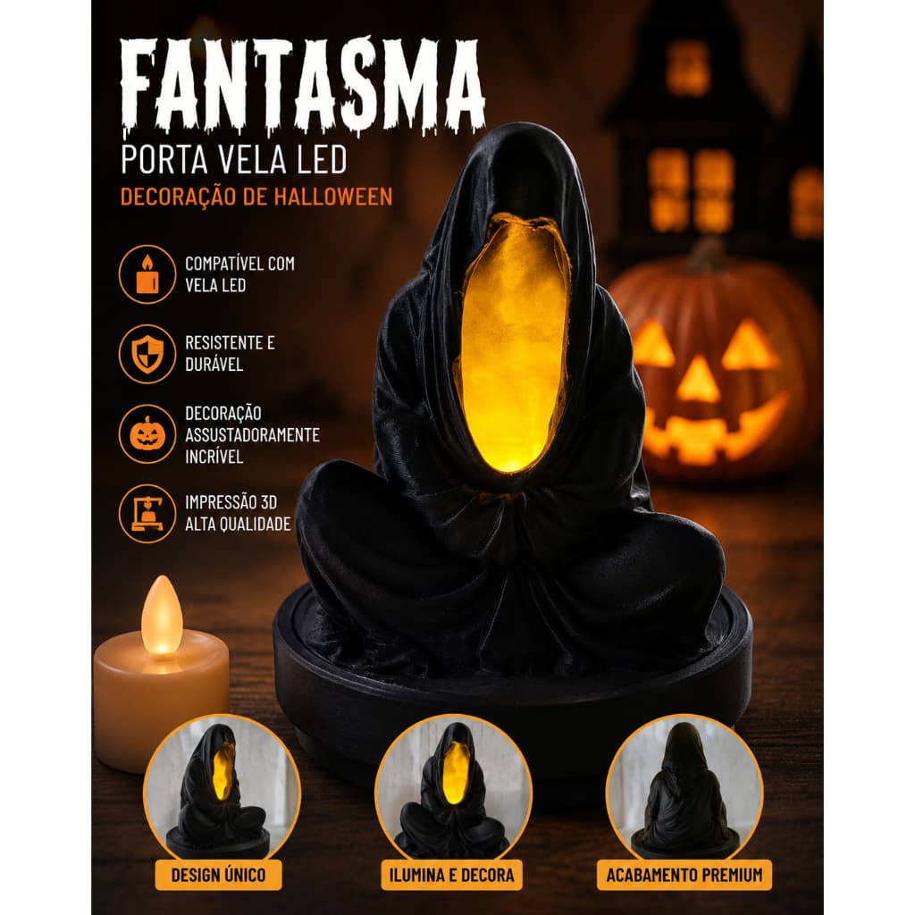 Decoracao Halloween Fantasma Ceifador com Vela LED - Enfeite Assustador e Elegante para Mesa, Sala e Festa