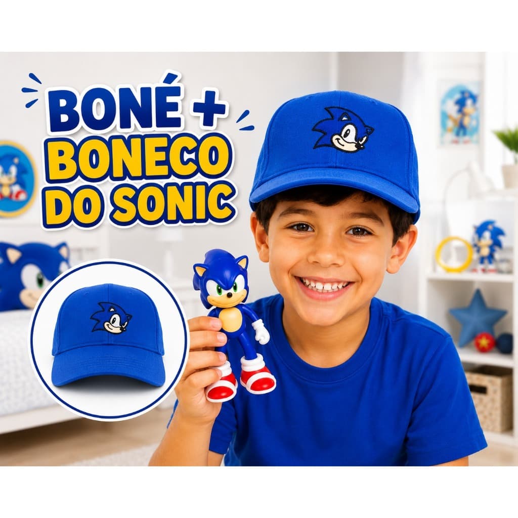 Kit Boneco e Boné Sonic Infantil Chapéu Ajustável Personagem Presente Infantil
