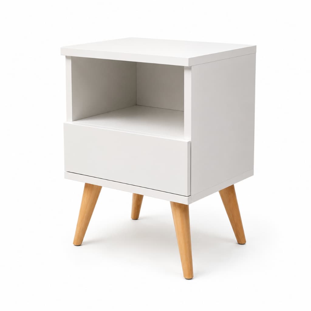 Mesa de Cabeceira 1 Gaveta com Nicho Pés de Madeira Moderna Quarto Organizador Móvel Lateral Decoração Estilo Retrô Luxo