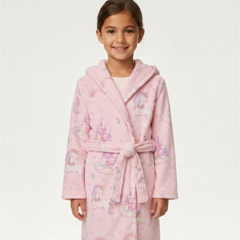 Roupão estampado Unicórnio, Arco-íris Rosa e Nuvem - Pós banho menina - Com cinto, capuz, manta microfibra soft - Macio