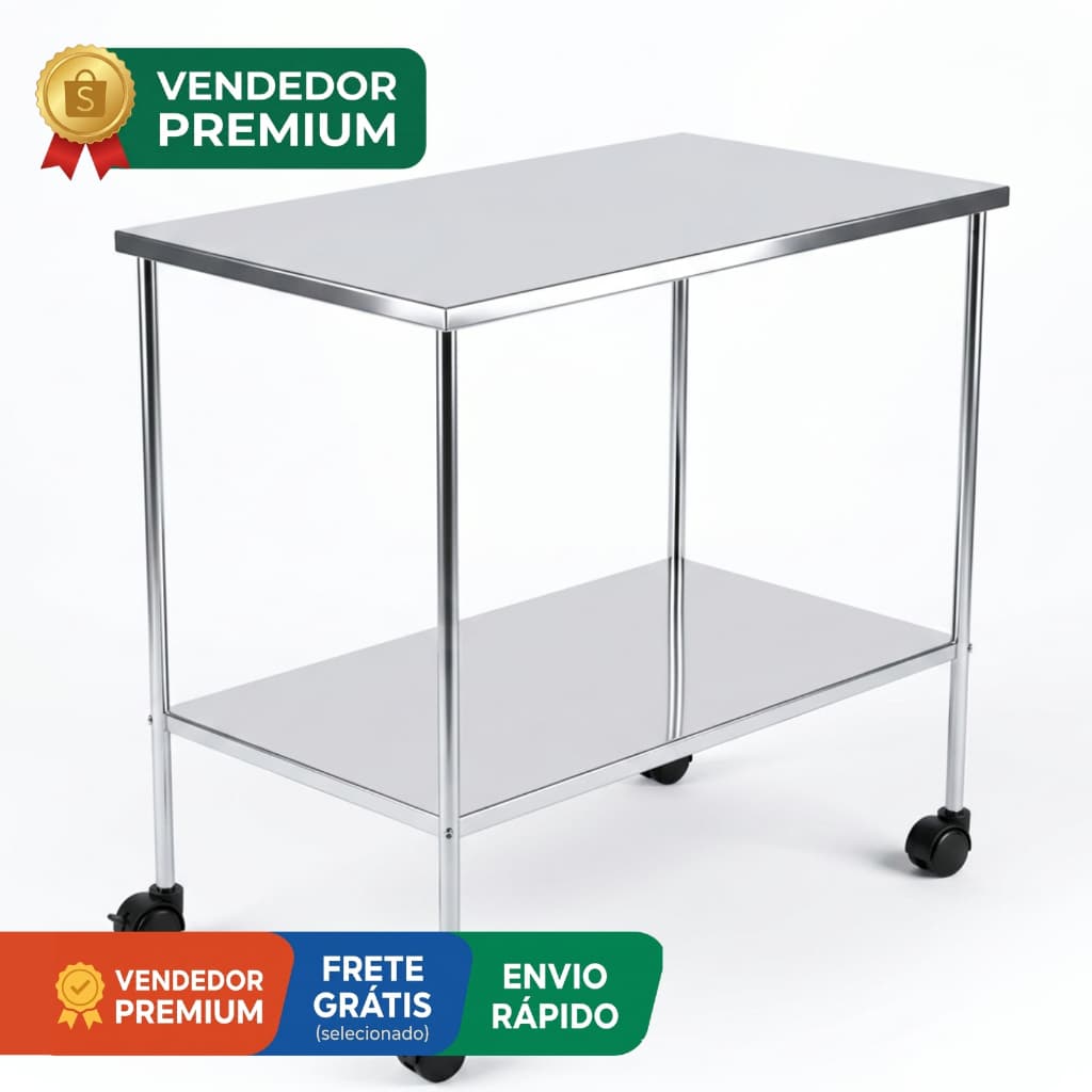 Mesa Carrinho Auxiliar Feita em Aço Inox Rodizio 50x90x80 Com 2 Prateleiras