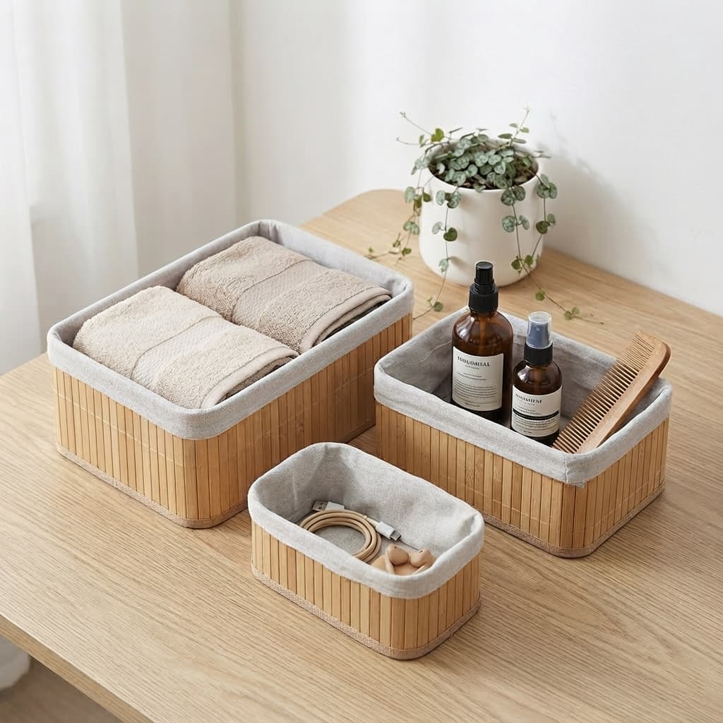 Kit 3 Cestos Organizadores de Bambu Premium com Forro Removível | Organizador de Roupas, Toalhas e Cosméticos Decoração