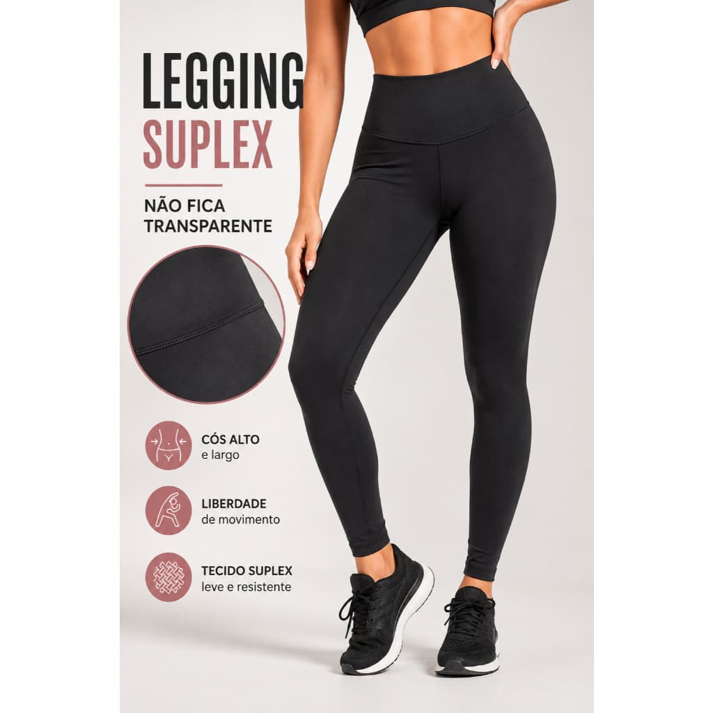 Legging Feminina Grossa Suplex Academia Não Transparente Cós Alto M ao GG Preto Compressãao