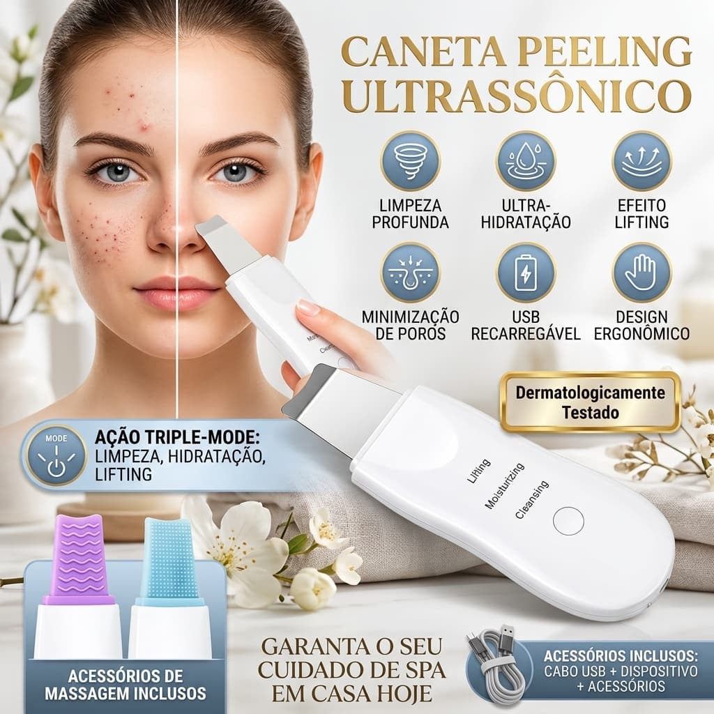 Caneta Peeling Ultrassônico Removedor de Cravos Acne Espátula Facial Skin Scrubber USB 3 Modos Recarregável
