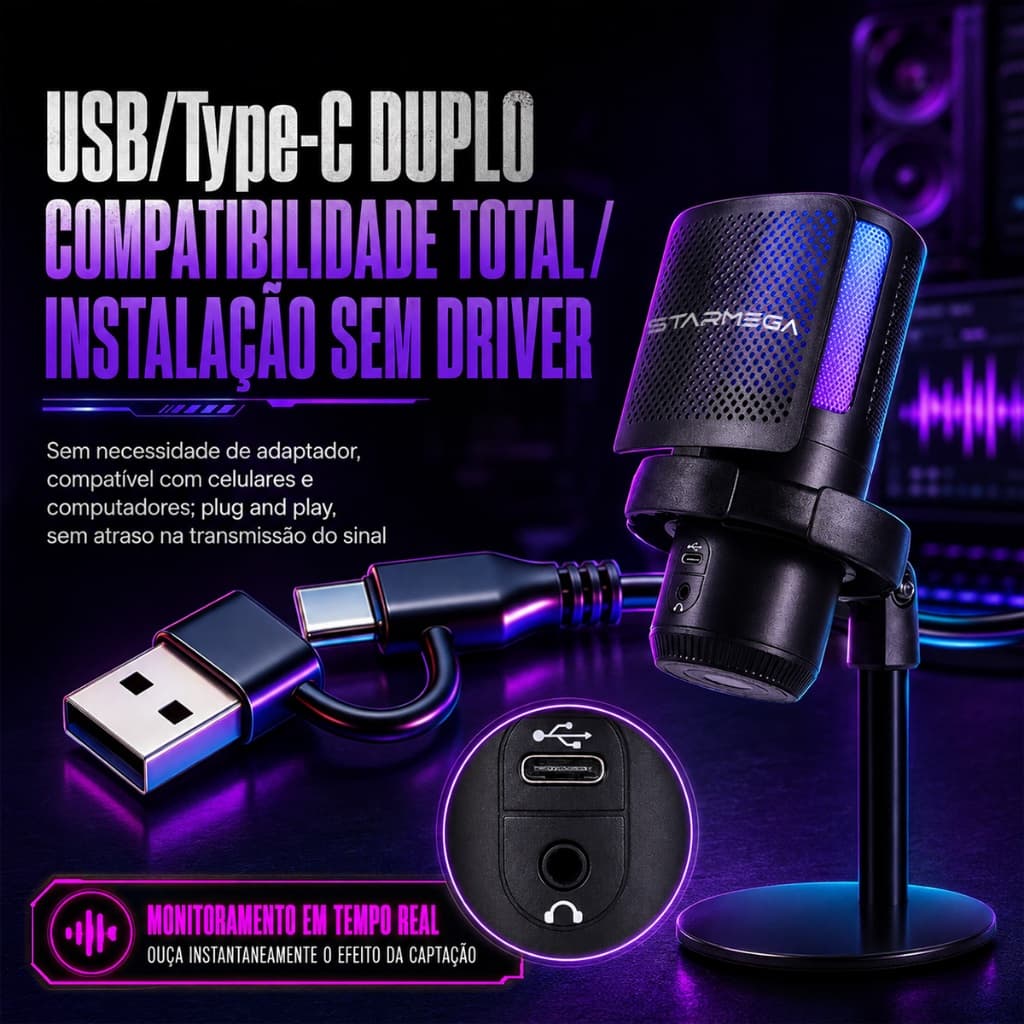 STARMEGA MS15 – kit Microfone condensador para jogos e podcasts, alta sensibilidade, RGB - Microfones e gravadores