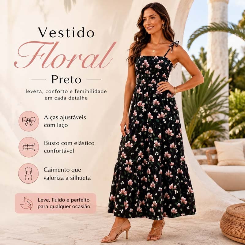Vestido Longo Feminino Floral Estampado com Alças de Amarrar, Lastex no Busto, Soltinho Verão Praia Casual