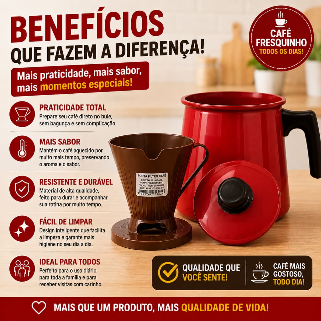 Bule de Alumínio Vermelho 1,8L com Tampa Porta Filtro de Café Melitta 104 Caneco para Coar Café
