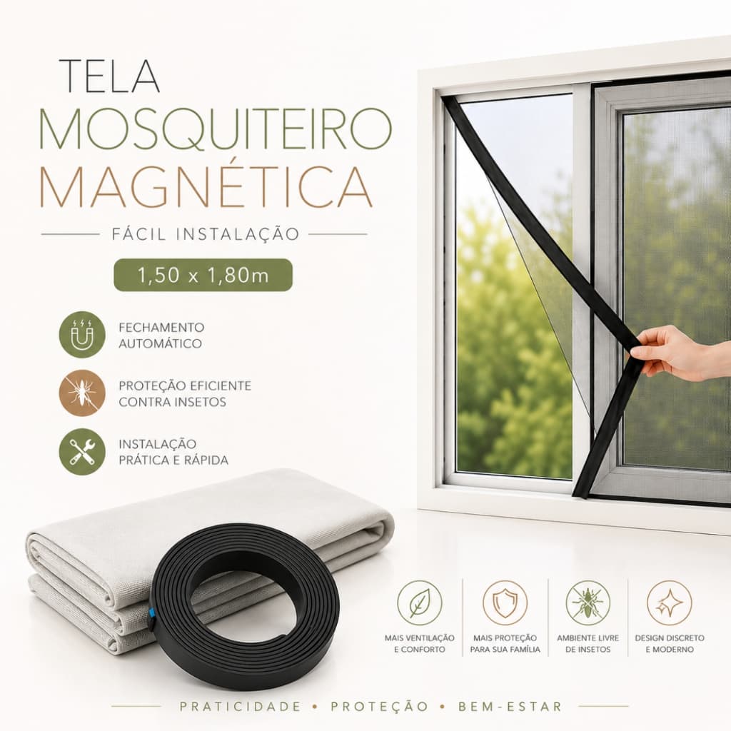 Tela Mosquiteiro para Janela 1,50x1,80m Magnética Lavável Reutilizável com Instalação Fácil Sem Furos