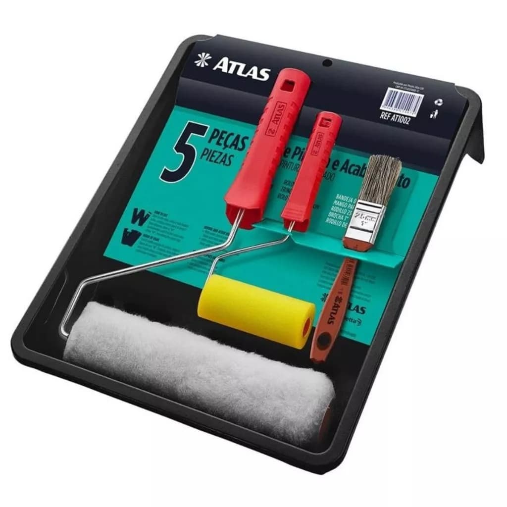 Kit Pintura Atlas 5 Pecas Rolo Pincel Bandeja Garfo At1002