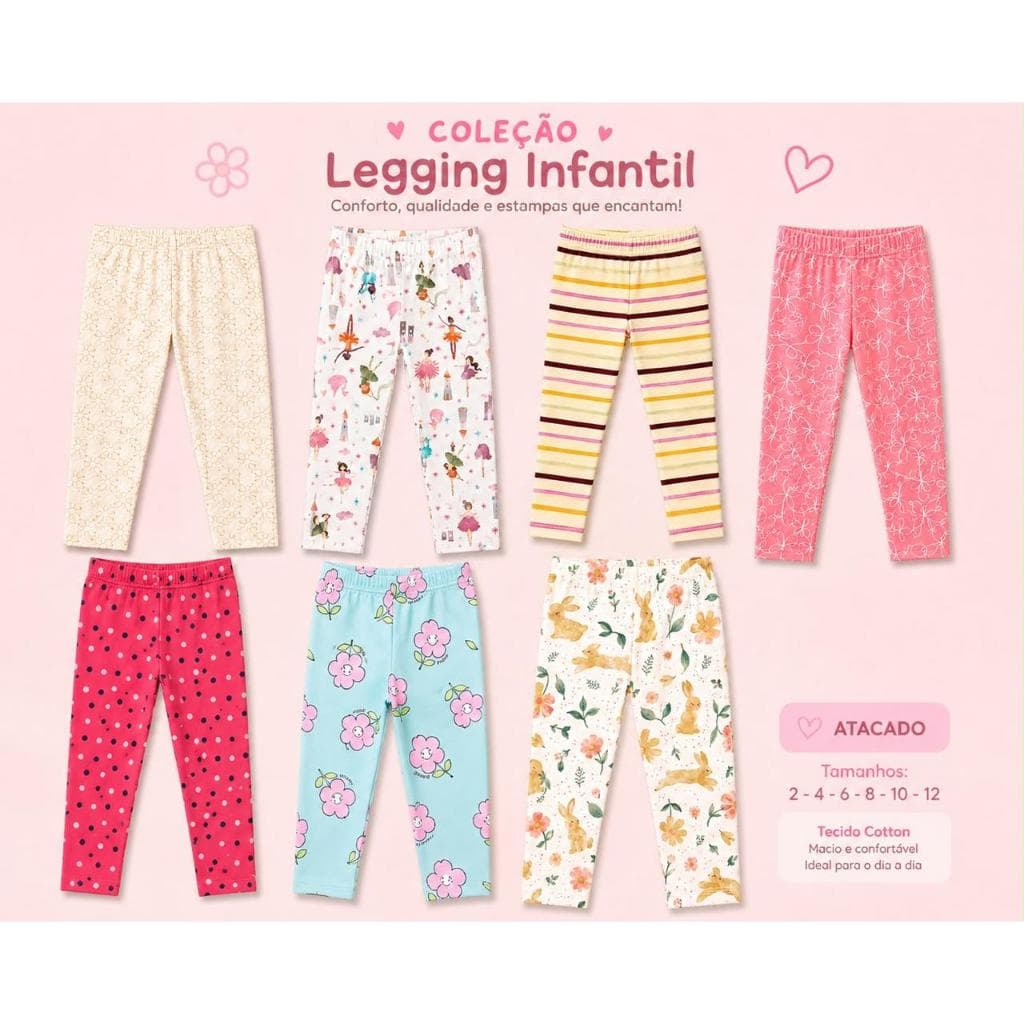 Calça Legging Infantil Algodão de 2 ao 12 anos