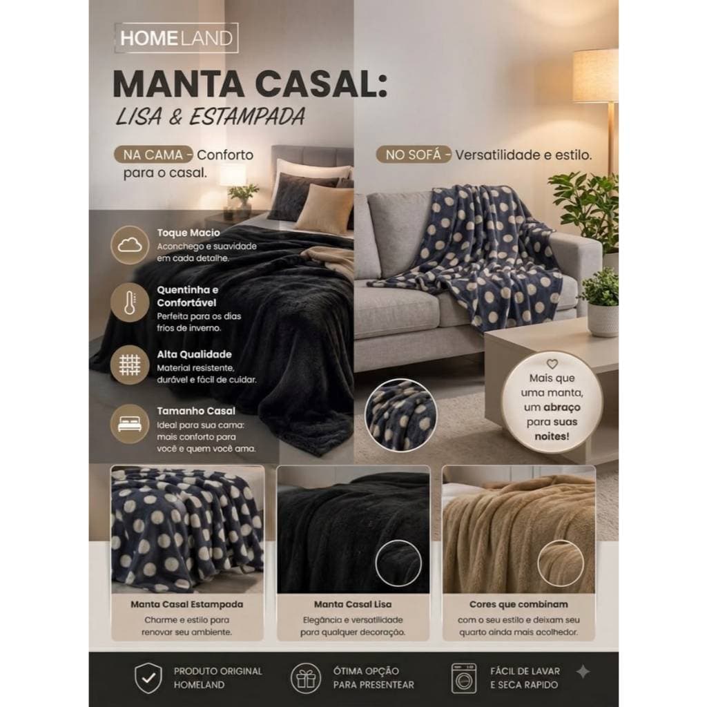 Manta Casal Poliéster 2,00x1,80m Cobertor Macio para Cama ou Sofá