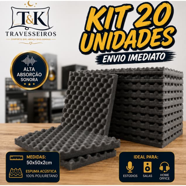 Kit 20 Placas Acústicas Espuma 50x50x2cm Antirruído Isolamento Parede Estúdio
