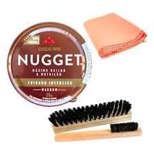 Kit Limpeza de Sapato Couro Escova + Cera Marrom Nugget + Flanela