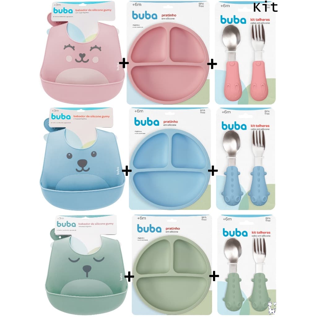 Kit Alimentação Bebê Buba Babador Silicone Gumy + Prato com Ventosa + Talheres Infantil Garfo Colher