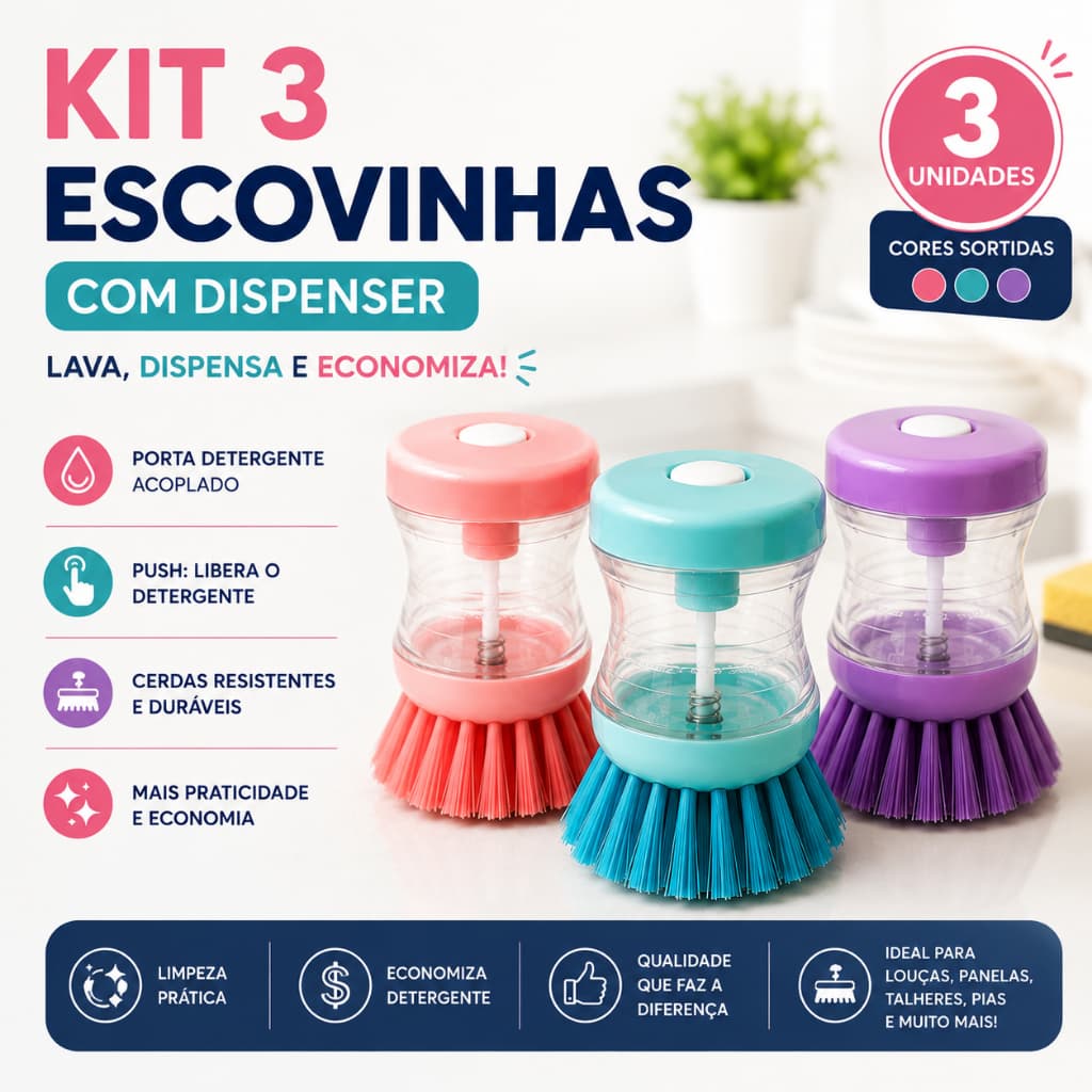 Kit 3 Escova Detergente  Escovinha Dispenser  Lava Louça Limpeza Cozinha  Pia Sabão Esponja Multiuso