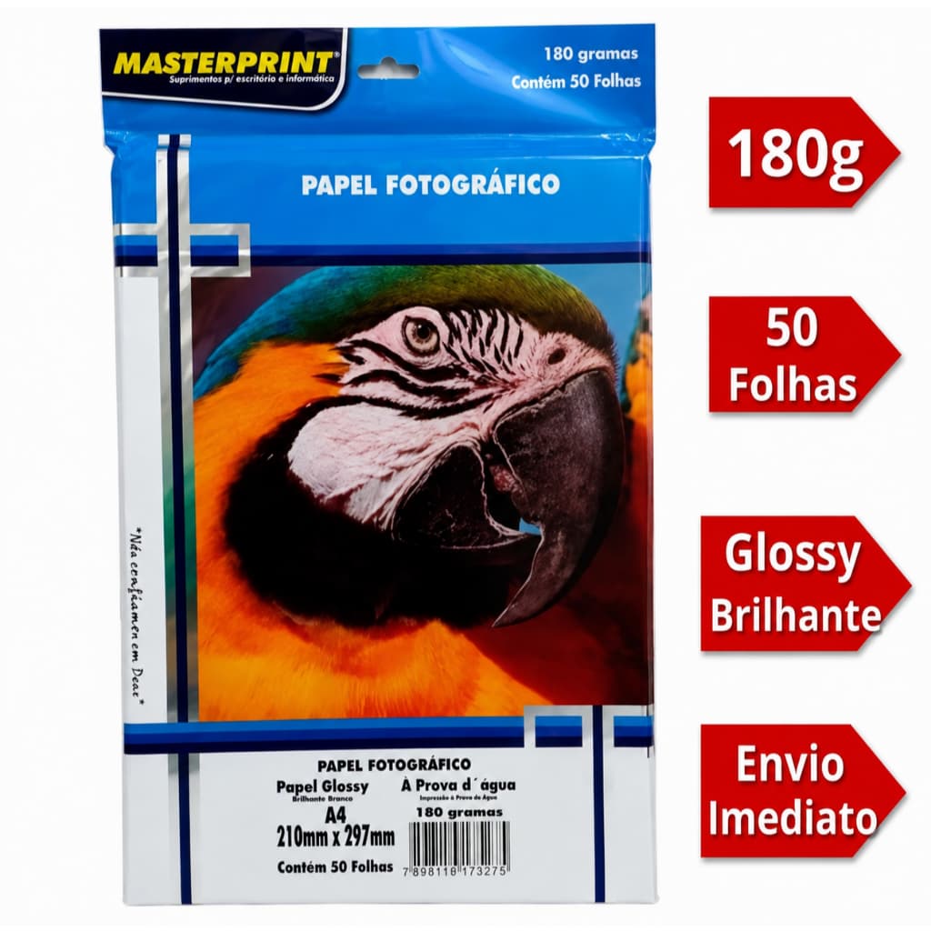 papel fotográfico glossy a4 180g  masterprint 50 folhas