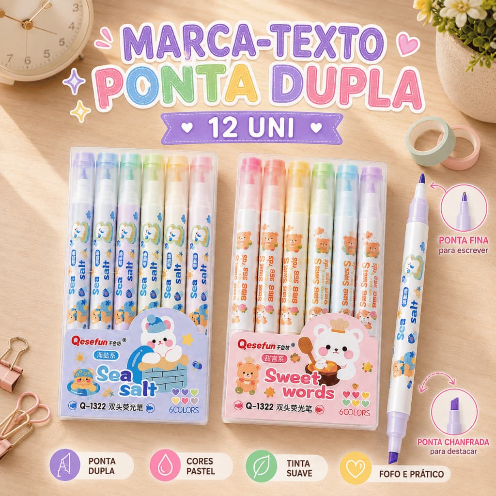 Kit com 2 Marca-Textos Ponta Dupla 12 Cores Caneta Marca-texto Papelaria fofa Escolar Marcador Tons Pasteis