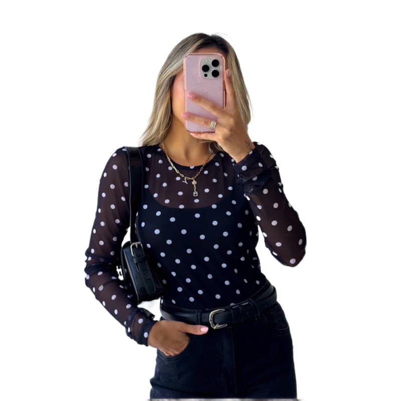 BODY FEMININO TULE PÓA MANGA LONGA MODAS FEMININO