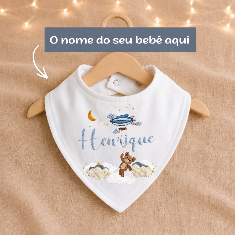 Babador Bebê Personalizado com Nome Ursinho Balão em Malha Bandana