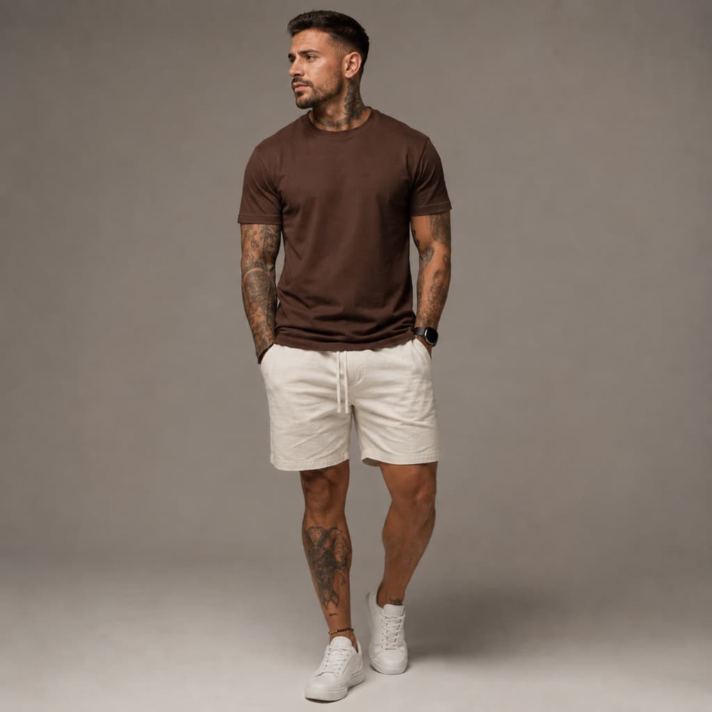 Kit Conjunto Premium Camiseta e Short Linho Masculino Premium Casual Verão Praia Mauricinho