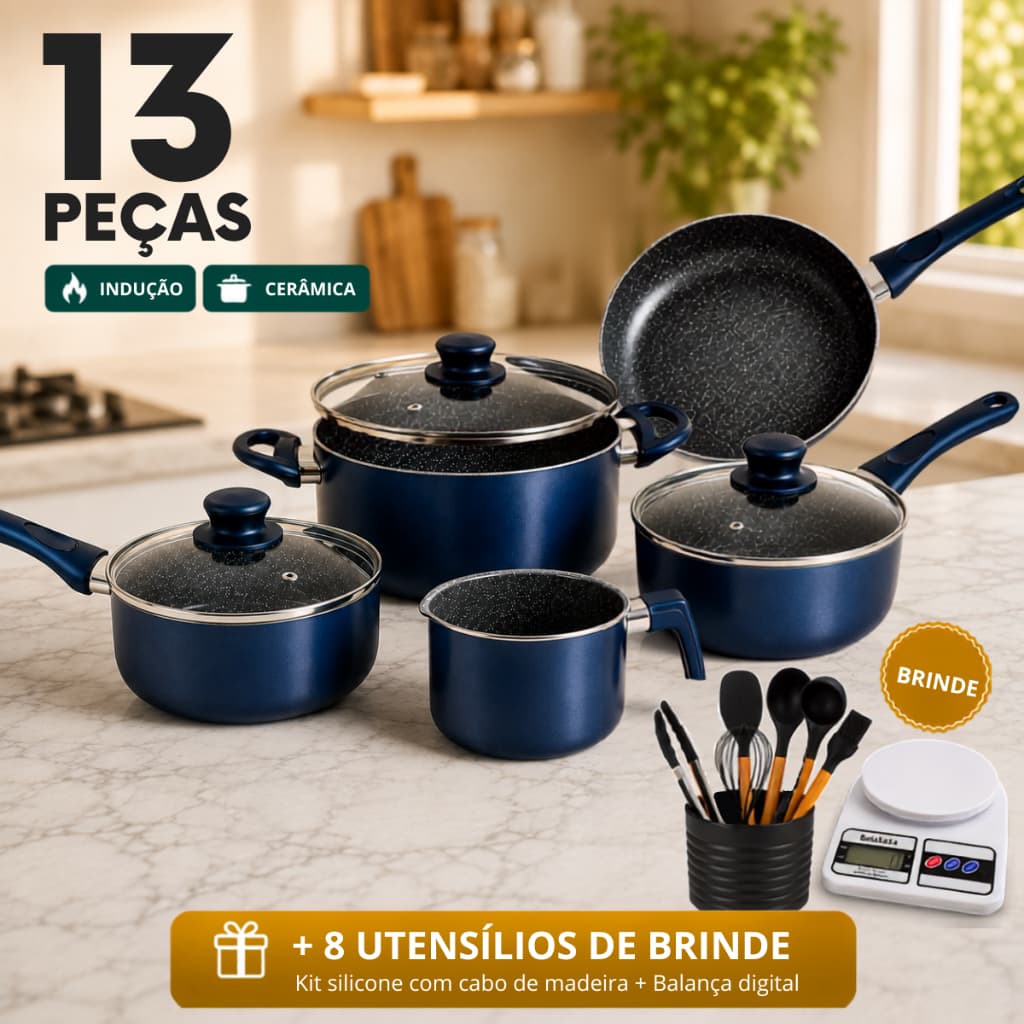 Conjunto 13 Peças 5 Panelas de Aluminio Antiaderente Revestimento Cerâmica + Brinde Kit 7 Utensílios e Balança Digital